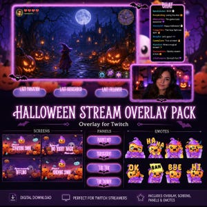 Paquete de transmisión de Halloween con temática de calabazas: superposición espeluznante para Twitch, emoticonos animados e insignias de suscriptor.
