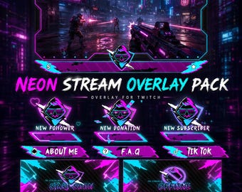 Animated Twitch Stream Overlay, Purple Twitch Overlays, Neon Overlay, Webcam Overlay, Twitch Emote, Twitch Panel, Twitch Sub Badges, Discord