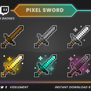 以下が含まれることがあります： Twitch サブスクリプションバッジ用のピクセルアート剣のデザイン6つ。剣は木製の剣、銀の剣、白い剣、金の剣、青い剣、紫の剣など、さまざまな色とスタイルがあります。