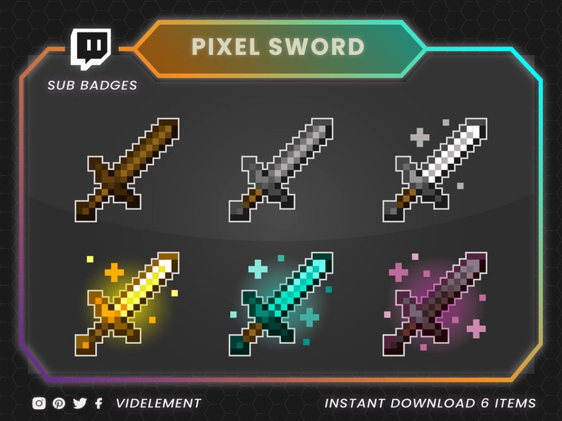 Puede incluir: Seis dise&ntilde;os de espadas de pixel art para las insignias de suscripci&oacute;n de Twitch. Las espadas son de diferentes colores y estilos, incluyendo una espada de madera, una espada de plata, una espada blanca, una espada de oro, una espada azul y una espada morada.