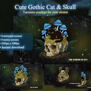 Könnte beinhalten: Digitales Kunstwerk einer schwarzen Katze auf einem Totenkopf mit blauen Pilzen und grünen Pflanzen. Text: "Cute Gothic Cat & Skull" und "7-screens overlays for your stream". Enthält animierte und statische Bildschirme, 1920 x 1080 Pixel, Sofort-Download.