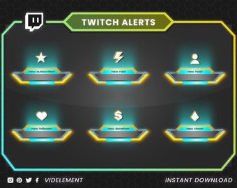May include: A set of six Twitch alert graphics with a black background and neon blue and yellow accents. The graphics feature icons for new subscriber, new raid, new host, new follower, new donation, and new cheer.