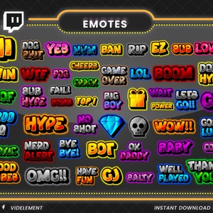 50 text emote, twitch text emotes, twitch emote, discord emote, omg emote, GG emote, Lol emote, oof emote, WTF emote, hype emote, emote pack