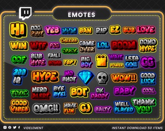 50 text emote, twitch text emotes, twitch emote, discord emote, omg emote, GG emote, Lol emote, oof emote, WTF emote, hype emote, emote pack