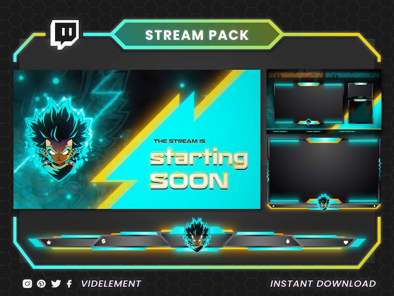 May include: A digital stream pack featuring a cyan and black color scheme with a stylized anime character icon. The main screen displays the text THE STREAM IS starting SOON in a bold font. Includes overlay frames, an intermission screen, and a banner.