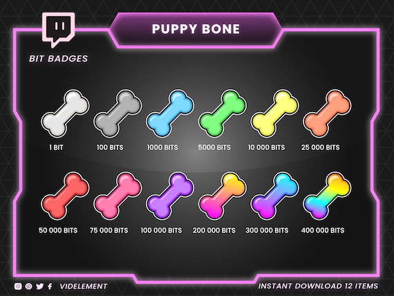 Puppy Bone Twitch Bit Badges: Cheer Emotes (12 Items)