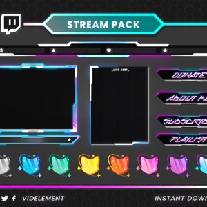 May include: A digital stream pack design with a dark gray and black background, featuring a Twitch logo, a "Stream Pack" banner, and various overlay elements. Includes buttons labeled "Donate," "About Me," "Subscribe," and "Playlist." Also includes animated cat-shaped badges.