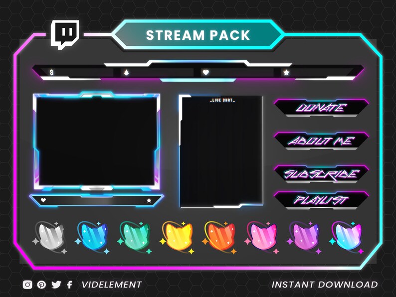 May include: A digital stream pack design with a dark gray and black background, featuring a Twitch logo, a "Stream Pack" banner, and various overlay elements. Includes buttons labeled "Donate," "About Me," "Subscribe," and "Playlist." Also includes animated cat-shaped badges.
