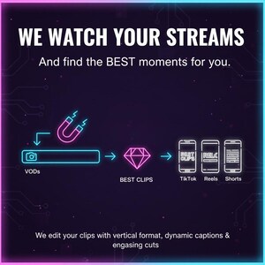 K&ouml;nnte beinhalten: Eine digitale Grafik mit einem neonrosa und blauen Rand, die den Text &bdquo;WE WATCH YOUR STREAMS&ldquo; anzeigt. Das Bild zeigt einen Prozessablauf von VODs zu Best Clips, dann zu TikTok, Reels und Shorts. Der Text erw&auml;hnt auch die Bearbeitung von Clips im vertikalen Format.
