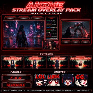 Gothic Rock Anime Girl Stream Pack: Twitch Overlays, Alerts, Panels