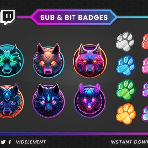 May include: Digital badges for Twitch streamers. The image shows wolf and paw-print designs in various colours. The text "SUB & BIT BADGES" and "VIDELEMENT" are visible. The overall design is modern and vibrant.