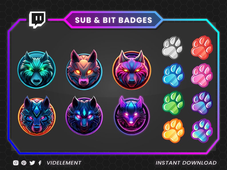 May include: Digital badges for Twitch streamers. The image shows wolf and paw-print designs in various colours. The text "SUB & BIT BADGES" and "VIDELEMENT" are visible. The overall design is modern and vibrant.