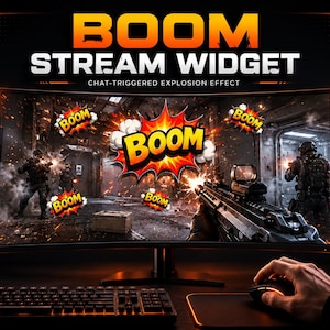 May include: A curved computer monitor displays a video game scene with the word "BOOM" in large orange letters. The screen shows soldiers in a war zone with explosion effects. A keyboard and mouse are in the foreground.