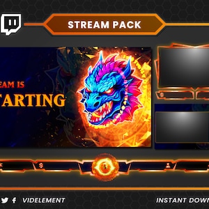 Mystical Blue Dragon Stream Pack: Cosmic Golden Portals Overlays & Alerts by VidElment | webcam overlay, twitch alerts, screen overlay
