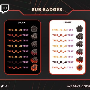 May include: Digital sub badges for Twitch or other streaming platforms. The image features two sets of badges, one dark and one light, each with paw and claw designs. Text includes "SUB BADGES", "DARK", "LIGHT", and "INSTANT DOWNLOAD".