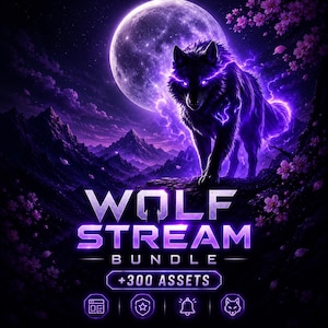 Pode incluir: Ilustração digital de um lobo roxo brilhante sob uma lua cheia. O texto "WOLF STREAM BUNDLE" em roxo néon, com "+300 ASSETS" e ícones. O fundo mostra montanhas e um céu estrelado, criando uma atmosfera mística.