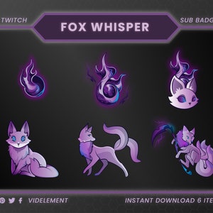 May include: Six purple and blue Twitch sub badges featuring a fox with flames. The badges include a fox head, a fox with a tail, a fox with a scythe, and three different flame designs.