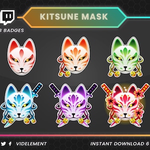 Kitsune mask badges, kitsune twitch badge, twitch sub badges, fox twitch badge, sub badges twitch, twitch bit badges, warrior sub badges