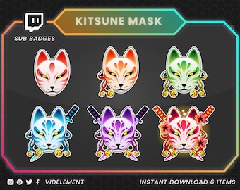 Puede incluir: Seis insignias de suscripción de Twitch diferentes que presentan una máscara de zorro estilizada en varios colores, incluidos rojo, naranja, verde, azul, morado y rosa. Las insignias están diseñadas con diferentes acentos, como espadas, flores y campanas.