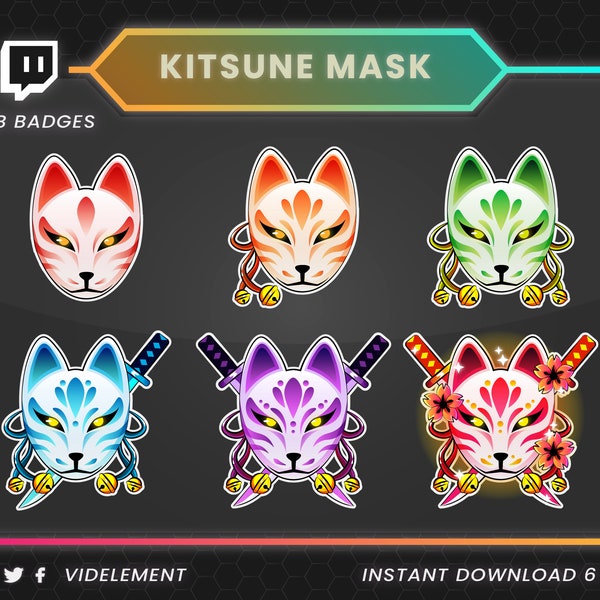 Kitsune mask badges, kitsune twitch badge, twitch sub badges, fox twitch badge, sub badges twitch, twitch bit badges, warrior sub badges