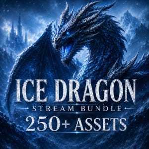 May include: A digital graphic featuring a large, detailed blue ice dragon with glowing eyes and sharp scales. The text reads ICE DRAGON STREAM BUNDLE 250+ ASSETS in a weathered, white font. The background shows a dark, snowy mountain landscape.