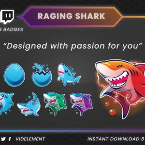 May include: A set of eight Twitch sub badges featuring a cartoon shark in various poses and colors. The badges include a blue egg, a hatching shark, a blue shark, a green shark, a purple shark, and a red shark with lightning bolts. The text "Raging Shark" and "Designed with passion for you" is displayed at the top of the image.