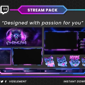 May include: A digital stream pack with a wolf theme, featuring a dark purple and blue colour scheme. The pack includes various overlays, panels, and emotes. Text includes "STREAM PACK", "Designed with passion for you", "VIDELEMENT", and "INSTANT DOWNLOAD".