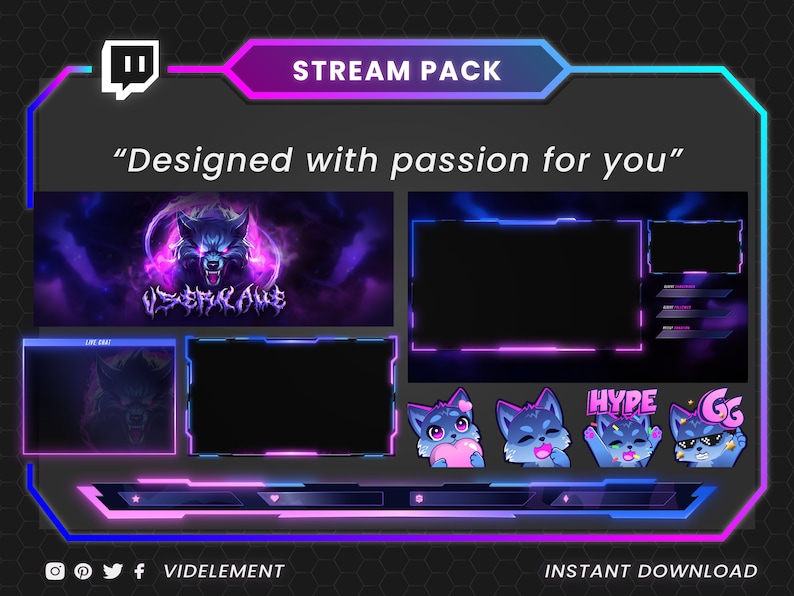 May include: A digital stream pack with a wolf theme, featuring a dark purple and blue colour scheme. The pack includes various overlays, panels, and emotes. Text includes "STREAM PACK", "Designed with passion for you", "VIDELEMENT", and "INSTANT DOWNLOAD".