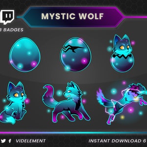 Puede incluir: Seis insignias de suscripción de Twitch que muestran un lobo azul y morado en varias etapas de eclosión de un huevo. El lobo está rodeado de luces azules y moradas brillantes. Las insignias están etiquetadas como "Mystic Wolf" y "Sub Badges".