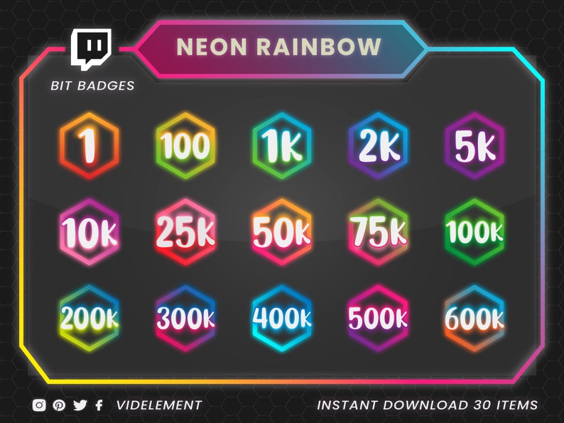 May include: A set of 15 neon rainbow Twitch bit badges, featuring a hexagonal design with a black background. The badges display numbers from 1 to 600,000 in increments of 100, 1,000, 5,000, 10,000, 25,000, 50,000, 75,000, 100,000, 200,000, 300,000, 400,000, 500,000, and 600,000. The text "BIT BADGES" and "NEON RAINBOW" are displayed at the top of the image.