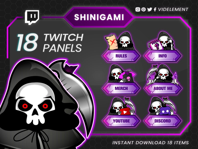 Twitch panels, reaper twitch panels, purple twitch panels, anime twitch panels, shinigami panels, info twitch panels, neon panels image 1