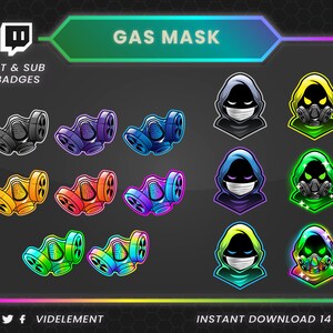 May include: A set of 14 Twitch channel badges featuring a gas mask design in various colours, including black, yellow, green, blue, purple, and rainbow. The badges are designed for use as bit and sub badges on Twitch.