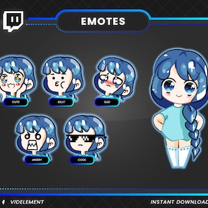 Blue Anime Doll Emotes for Twitch and Discord, twitch emotes, twitch emote, cute emotes, cute emote, emot twitch, discord emotes