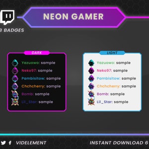 May include: A digital illustration of Twitch sub badges with neon colors. The badges are labeled "Yazuowo", "Neko97", "Pambisitow", "Chchcherry", "Bomb", and "Lil_Star". The badges are displayed in two columns, one labeled "Dark" and the other labeled "Light".