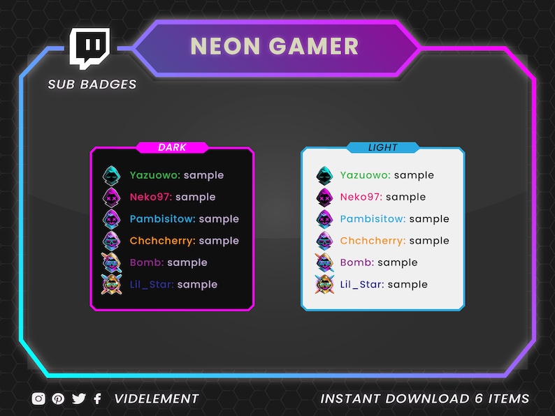 May include: A digital illustration of Twitch sub badges with neon colors. The badges are labeled "Yazuowo", "Neko97", "Pambisitow", "Chchcherry", "Bomb", and "Lil_Star". The badges are displayed in two columns, one labeled "Dark" and the other labeled "Light".