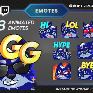 Animated emotes, twitch emotes, discord emotes, twitch sub emotes, GG emote, Lol emote, Hype emote, Hi emote, Bye emote, Love emote, discord