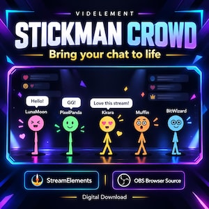 Widget Stickman Crowd per Twitch / Personaggi animati degli spettatori, comandi di chat, potenziamenti e raid / StreamElements OBS