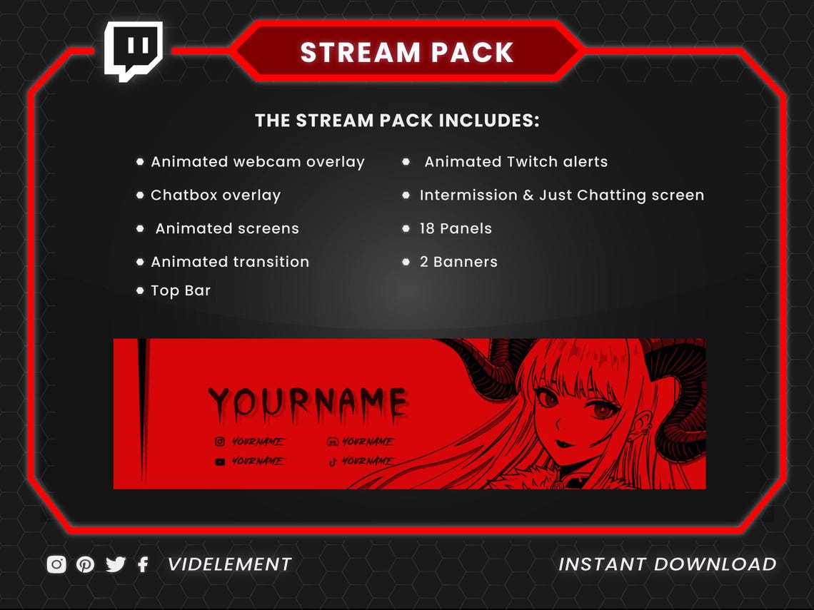 Demon Girl Stream Pack, Twitch Overlay Pack, Animated Twitch Overlay ...