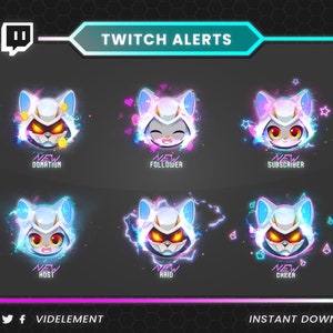 May include: A digital graphic featuring six animated cat avatars with glowing effects, designed for Twitch alerts. Each avatar has a unique expression and is labeled with text such as "Donation," "Follower," and "Subscriber." The background is dark with a neon frame and the text "Twitch Alerts."