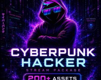 Cyberpunk Hacker Stream Package: 70 Memes & 200+ Assets, Purple Twitch Overlay, VTuber Bundle