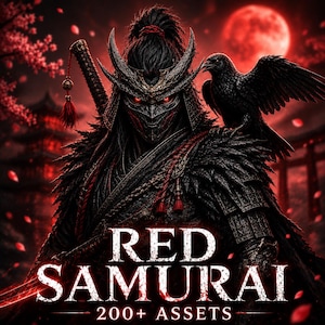 Puede incluir: Un guerrero con armadura de samurái negra, ojos rojos brillantes y un cuervo negro posado en el hombro. La figura lleva una katana en la espalda. El texto RED SAMURAI 200+ ASSETS aparece en blanco en la parte inferior sobre un fondo rojo.