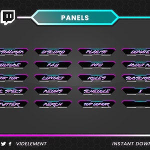 May include: Digital streaming panels with a futuristic design. The panels feature text such as "Instagram", "Discord", "Playlist", and "Donate" in a white, purple, and teal color scheme. The background is dark gray with a hexagonal pattern, and the overall design is modern and sleek.