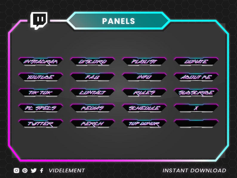 May include: Digital streaming panels with a futuristic design. The panels feature text such as "Instagram", "Discord", "Playlist", and "Donate" in a white, purple, and teal color scheme. The background is dark gray with a hexagonal pattern, and the overall design is modern and sleek.