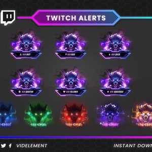 May include: Digital Twitch alert graphics with a wolf design in purple and blue. The alerts include text for new host, raid, cheer, donation, follower, and subscriber. The image also includes the text "VIDELEMENT" and "INSTANT DOWNLOAD".