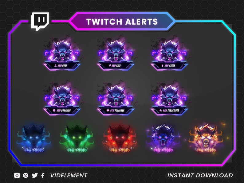 May include: Digital Twitch alert graphics with a wolf design in purple and blue. The alerts include text for new host, raid, cheer, donation, follower, and subscriber. The image also includes the text "VIDELEMENT" and "INSTANT DOWNLOAD".