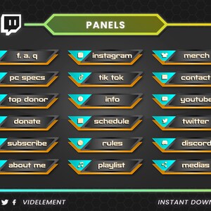 May include: A set of digital Twitch panels featuring a dark gray background with a neon green and yellow border. The panels include icons and text labels such as f.a.q, instagram, merch, pc specs, tik tok, contact, top donor, info, youtube, donate, schedule, twitter, subscribe, rules, discord, about me, playlist, and medias.