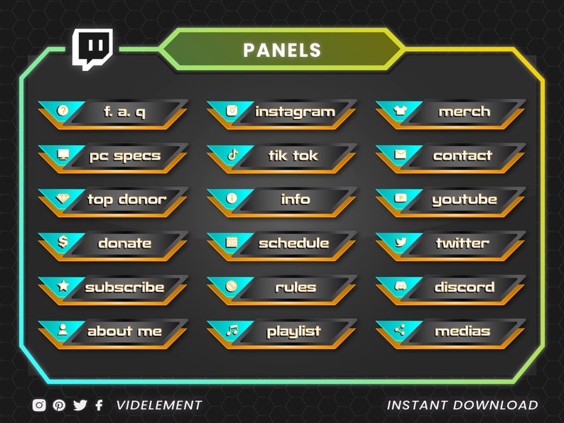 May include: A set of digital Twitch panels featuring a dark gray background with a neon green and yellow border. The panels include icons and text labels such as f.a.q, instagram, merch, pc specs, tik tok, contact, top donor, info, youtube, donate, schedule, twitter, subscribe, rules, discord, about me, playlist, and medias.