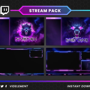 May include: A digital stream pack featuring a wolf design in purple and blue hues. The pack includes "Starting" and "Be Right Back" screens, plus overlay templates. The text "VIDELEMENT" and "INSTANT DOWNLOAD" are also visible.