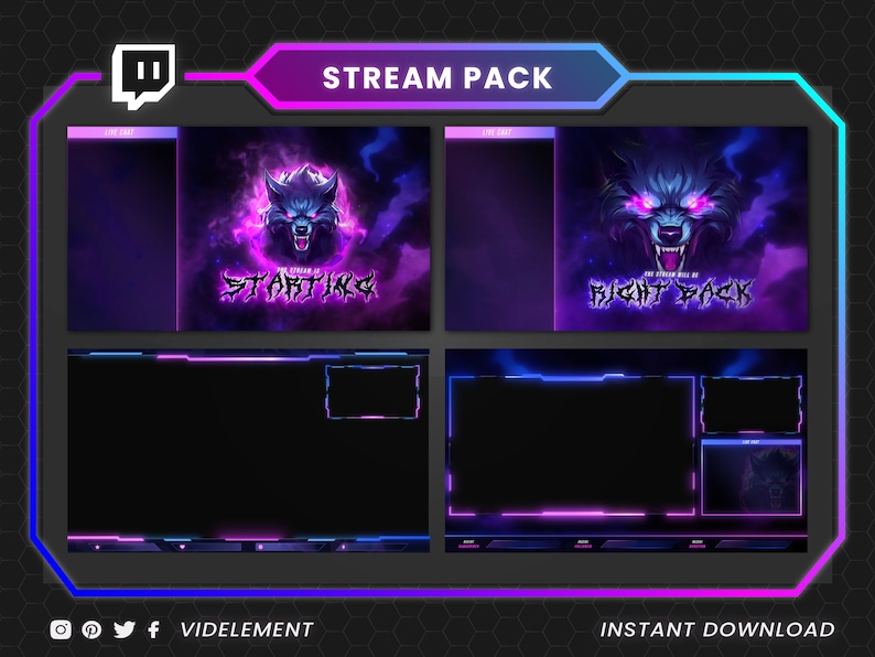 May include: A digital stream pack featuring a wolf design in purple and blue hues. The pack includes "Starting" and "Be Right Back" screens, plus overlay templates. The text "VIDELEMENT" and "INSTANT DOWNLOAD" are also visible.