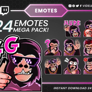 May include: A digital art graphic featuring a collection of gorilla emotes with sunglasses and various expressions. The text reads "24 Emotes Mega Pack!" and "Instant Download 24 Items". The color scheme includes black, pink, and white.